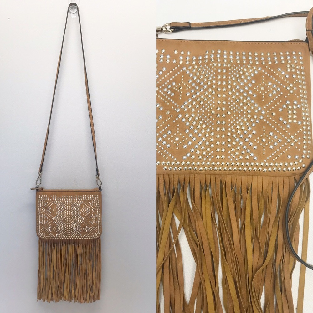 Brown Suede Crossbody Purse Embellished and Fringe